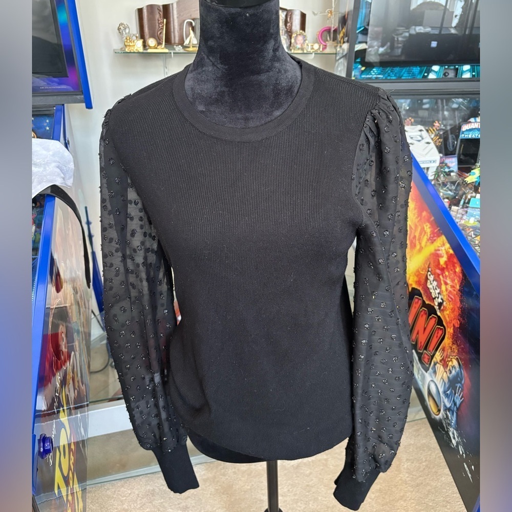 Carmen Marc Valvo Black Sweater Size‎ XL Puff Sheer Flocked Dot Sleeve